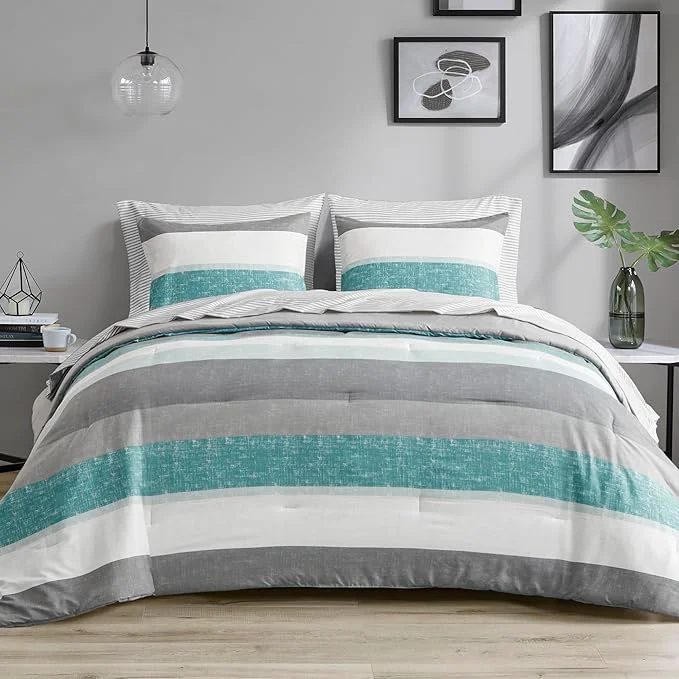 Certified Madison Park Essentials Twin Comforter Set Bed in A Bag Comforter amp Sheet Set Modern Casual Stripes Print All Seasons Soft Microfiber Bedding Makeover Matching Shams Twin Aqua Grey 5 Piece Elite