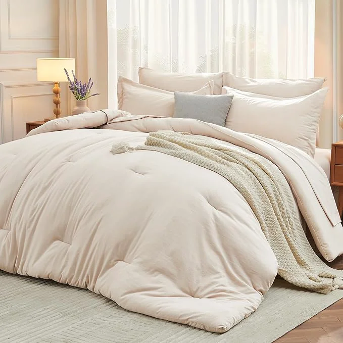 Organic MUXHOMO 5 Pieces Twin Comforter Set Soft Bed in a Bag Twin Size All Season Bedding Set with Comforter Flat Sheet Fitted Sheet Pillowcases amp Shams Beige Prestigious