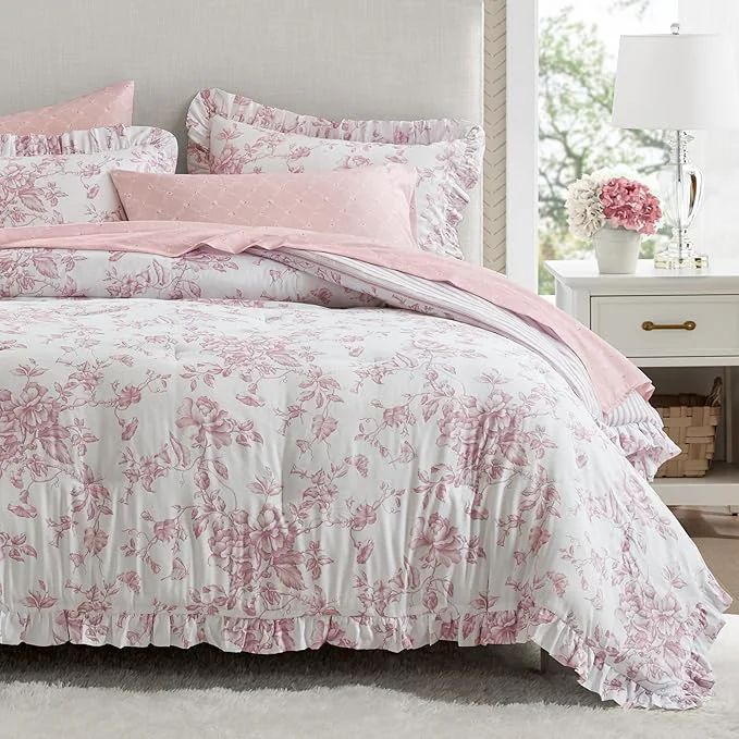 Solid Madison Park Essentials Adele Pink Floral Full Size Comforter Set – Vintage Bed in a Bag with Sheets Reversible Ruffle Bedding Elegant Gift for Her Effective