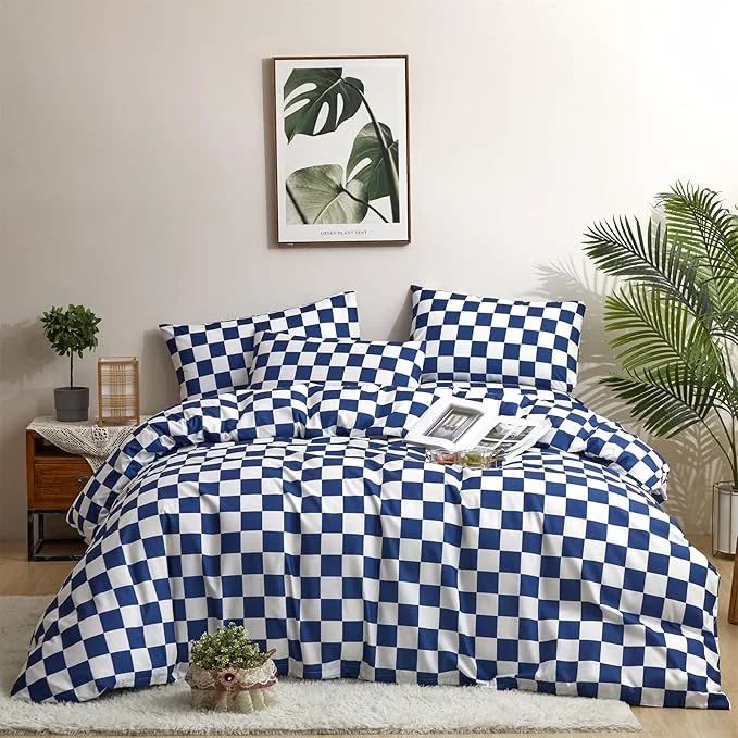 Clean Houseri Royal Plaid Comforter Set Full Size Teen Boys Girls Dorm Bedding Quilt Comfy Deep Sea Blue Grid Comforter Expertly Made