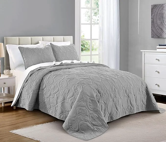 Prestigious Pure Bedding Quilt Set King Cal King California King Size Light Grey – Oversized Bedspread – Microfiber Coverlet – Includes 1 Quilt and 2 Shams Ocean Star Pattern Innovative