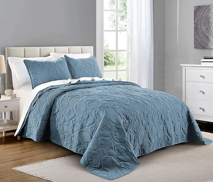 Stylish Pure Bedding Quilt Set Full Queen Size Ash Blue – Oversized Bedspread – Soft Microfiber Coverlet for All Season – Includes 1 Quilt and 2 Shams Ocean Star Pattern Convenient