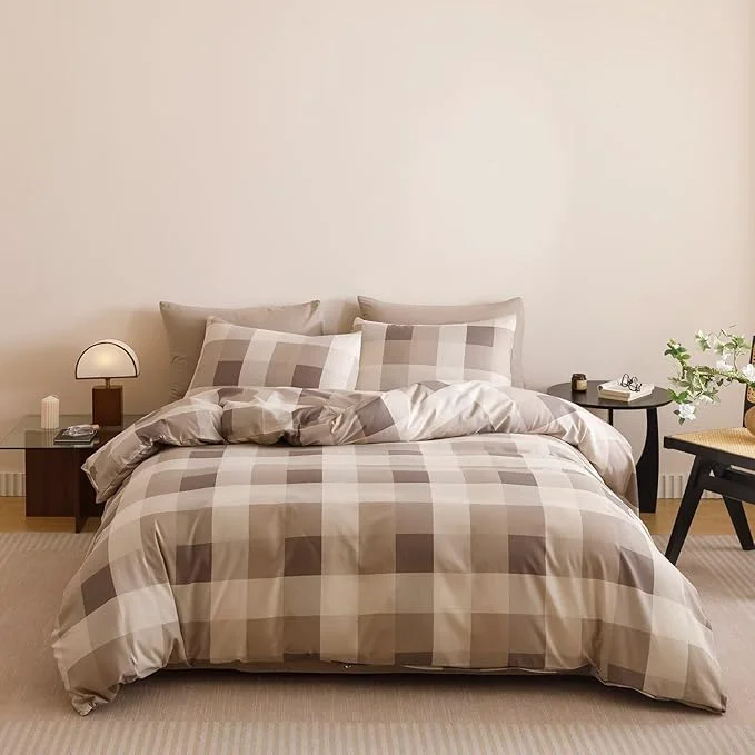 Unique Houseri Coffee Color Plaid Comforter Set Twin Vintage Grid Bedding Sets High-Performance