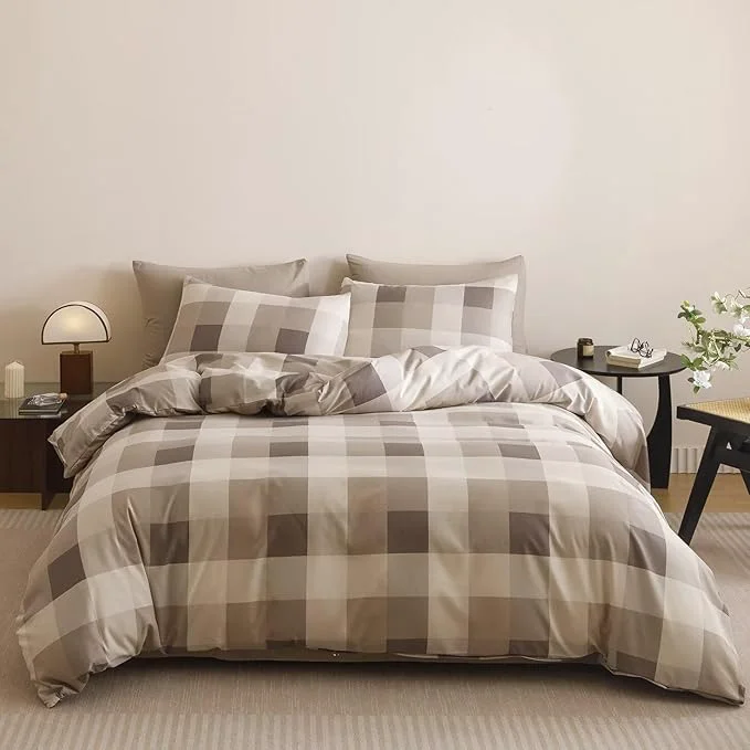 Cottonight Checkered Khaki Comforter Set Queen Men Gingham Grid Bedding Set Khaki and Cream Coffee Grid Comforter Fluffy Soft Blanket Quilts Modern Cottagecore Comforter for Queen Bed Refined