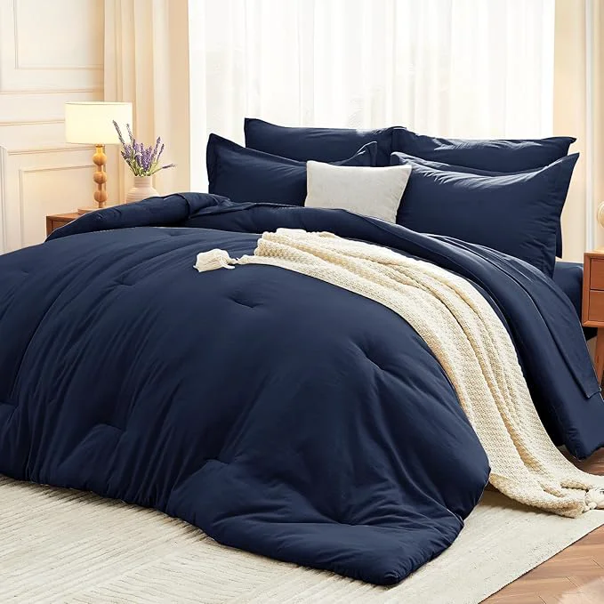 World-Class MUXHOMO 7 Pieces King Comforter Set Soft Bed in a Bag King Size All Season Bedding Set with Comforter Flat Sheet Fitted Sheet Pillowcases amp Shams Navy Blue Smart
