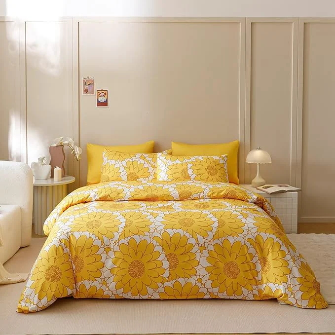 Sophisticated Houseri Yellow Floral Comforter Set King 3 Piece Yellow Sunflower Bedding King Size Lightweight Modern White and Yellow Botanical Bed Set Soft Comfy Quilt Blanket King High-Grade