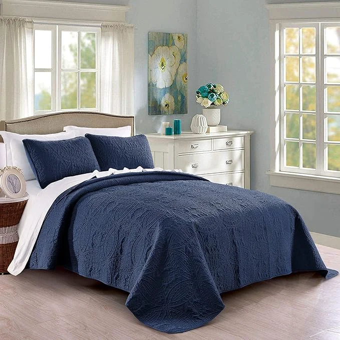 Durable Quilt Set King Cal King California King Size Navy – Oversized Bedspread Soft Microfiber Lightweight Coverlet for All Season – 3 Piece includes 1 Quilt and 2 Shams Geometric Pattern Next-Generation