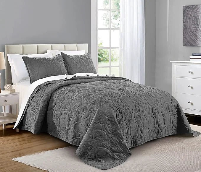 Contemporary Pure Bedding Quilt Set King Cal King California King Size Dark Grey – Oversized Bedspread – Microfiber Coverlet – Includes 1 Quilt and 2 Shams Ocean Star Pattern Premium