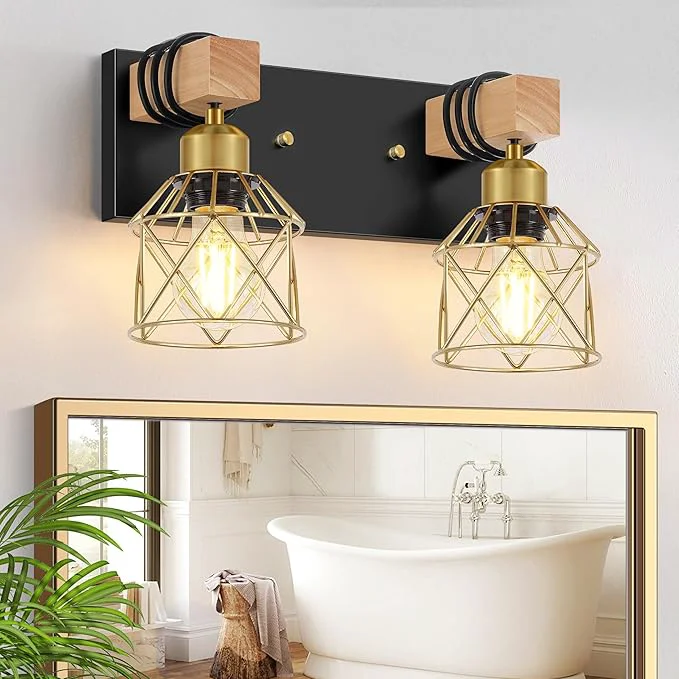 Powerful FadimiKoo Rustic Style Wood Bathroom Wall Sconces 2-Light Black Gold Bathroom Quality