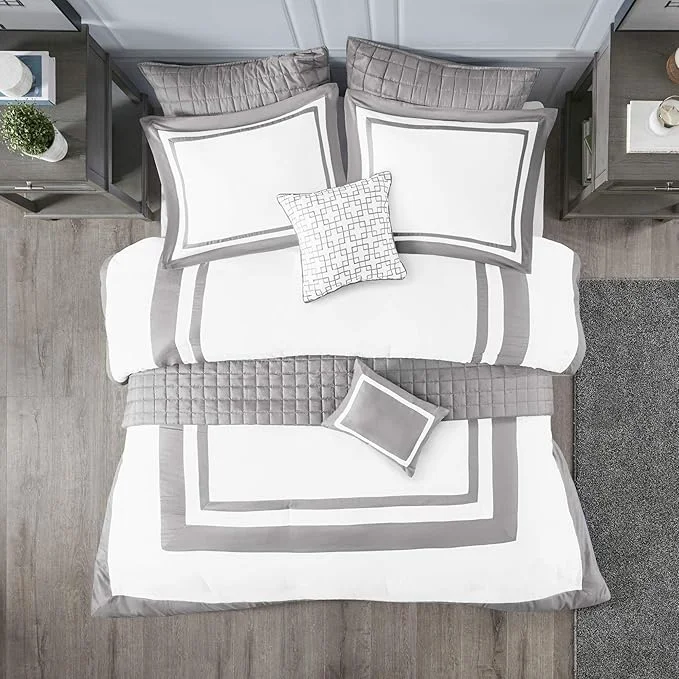 Dependable Madison Park Heritage Comforter Quilt Combo Set – Modern Luxury Design All Season Down Bedding Matching Shams Decorative Pillows Full Queen 90 quot x90 quot Color Block Grey 8 Piece Soft