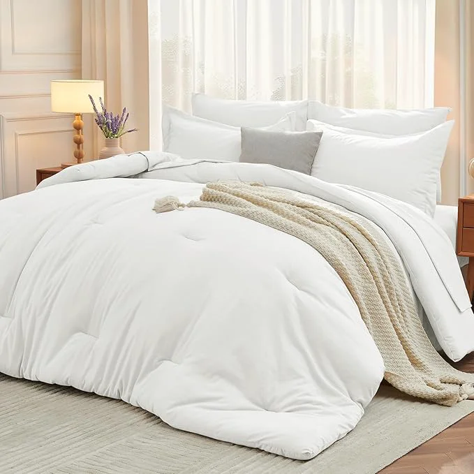 Trendy MUXHOMO 7 Pieces Full Comforter Set Soft Bed in a Bag Full Size All Season Bedding Set with Comforter Flat Sheet Fitted Sheet Pillowcases amp Shams White Specialty