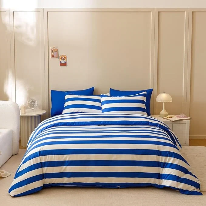 Selected Houseri Blue White Stripes Comforter Set King 3 Piece Blue Bedding King Size Lightweight Modern Striped Bed Set Soft Comfy Quilt Blanket King Exclusive