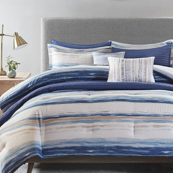 Original Madison Park Marina Comforter Quilt Combo Set – Modern Luxury Design All Season Down Bedding Matching Shams Decorative Pillows Full Queen 90 quot x90 quot Seersucker Blue 8 Piece Original Design