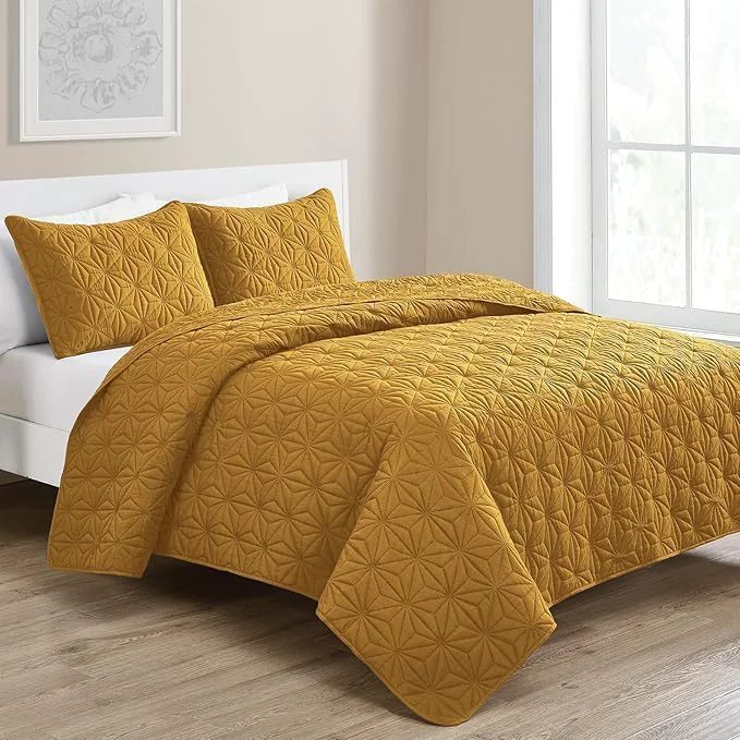 Luxury VCNY Home King Size 3-Piece Bedding Set Lightweight Quilt amp Matching Shams Ultra-Soft amp Breathable Fabric Durable amp Wrinkle Resistant Medium-Weight for Year Round Use Serena Collection Gold Sophisticated