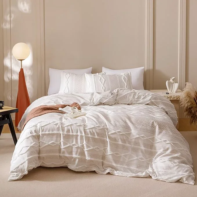 Versatile Houseri Tufted Comforter Set Queen Beige Jacquard Bedding Sets Durable