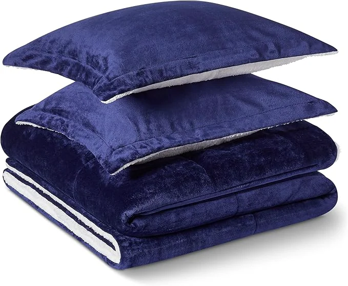 Detailed Amazon Basics Reversible Sherpa Comforter Set with Pillow Sham Navy Queen Full Durable