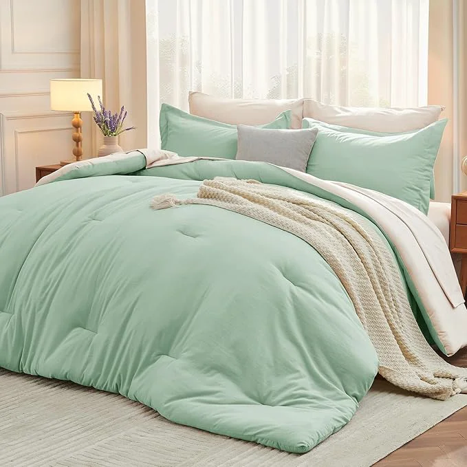 Genuine MUXHOMO 7 Pieces King Comforter Set Soft Bed in a Bag King Size All Season Bedding Set with Comforter Flat Sheet Fitted Sheet Pillowcases amp Shams Sage Green amp Beige Unique