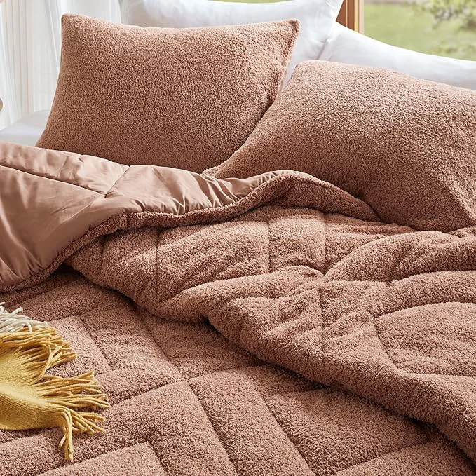 Proven Comfort Spaces King Comforter Set Reversible Feather-Soft Plush Comforters for King Size Bed All Season Lightweight Shearling Fleece Sherpa Comforter King Size Bed Set King Cal King Brown 3 Piece User-Friendly