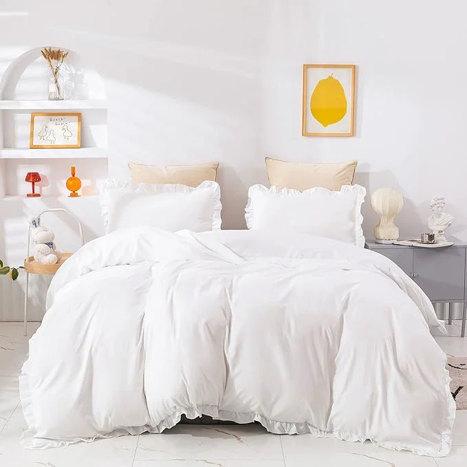 Refined Cottonight Ruffle White Comforter Set California King Farmhouse Shabby Bedding Comforter Set Ruffled Friange White Blanket Quilts Soft Breathable Bedding Set for Cal King Bed Casual