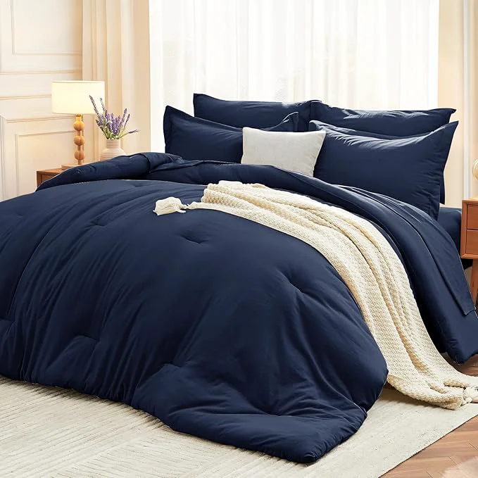 Quality MUXHOMO 7 Pieces Full Comforter Set Soft Bed in a Bag Full Size All Season Bedding Set with Comforter Flat Sheet Fitted Sheet Pillowcases amp Shams Navy Blue Classic