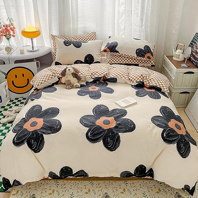 High-Grade Cottonight Black Sunflower Comforter Set Full Black Beige Floral Bedding Comforter Set Full Big Flowers Cute Quilts Botanical Black White Blankets Elegant Bedding Set for Women Girls Female Teens Reusable