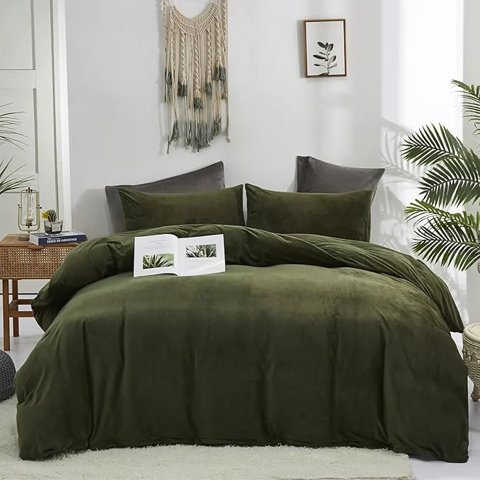 High-Quality Cottonight Army Green Velvet Comforter Set – Queen Size Olive Green Plush Fluffy Bedding Dark Green Blanket Modern Winter Warm 3 Piece Set for Women amp Men Excellent