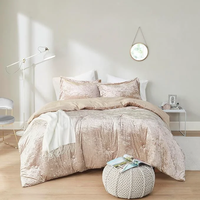 Effective Comfort Spaces Luxe Velvet Comforter Set for Twin Twin XL Size Bed Microfiber Reverse Juliette All Season Bedding Fluffy Sham Champagne 2 Piece Exceptional