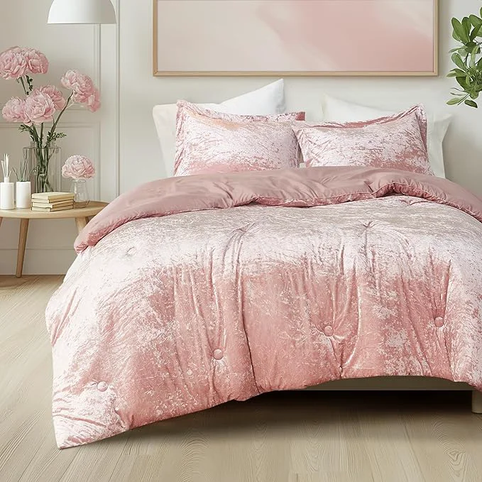 Exclusive Comfort Spaces Juliette Luxe Comforter Set Velvet Lush with Soft Brushed Microfiber Reverse All Season Cozy Velvet Bedding Sets Fluffy Comforter Bed Set Matching Sham Blush Full Queen 3 Piece Top-Quality