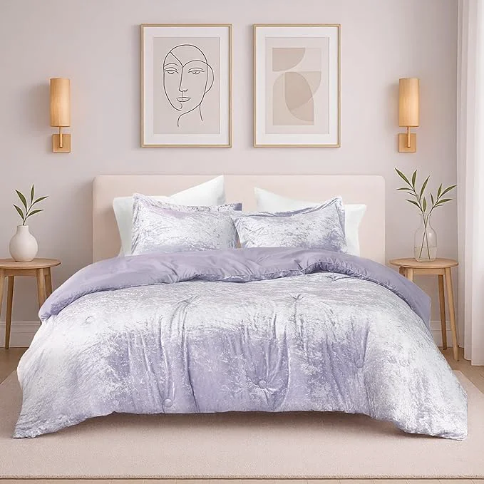 Genuine Comfort Spaces Juliette Luxe Comforter Set Velvet Lush with Soft Brushed Microfiber Reverse All Season Cozy Velvet Bedding Sets Fluffy Comforter Bed Set Matching Sham Purple King 3 Piece Advanced
