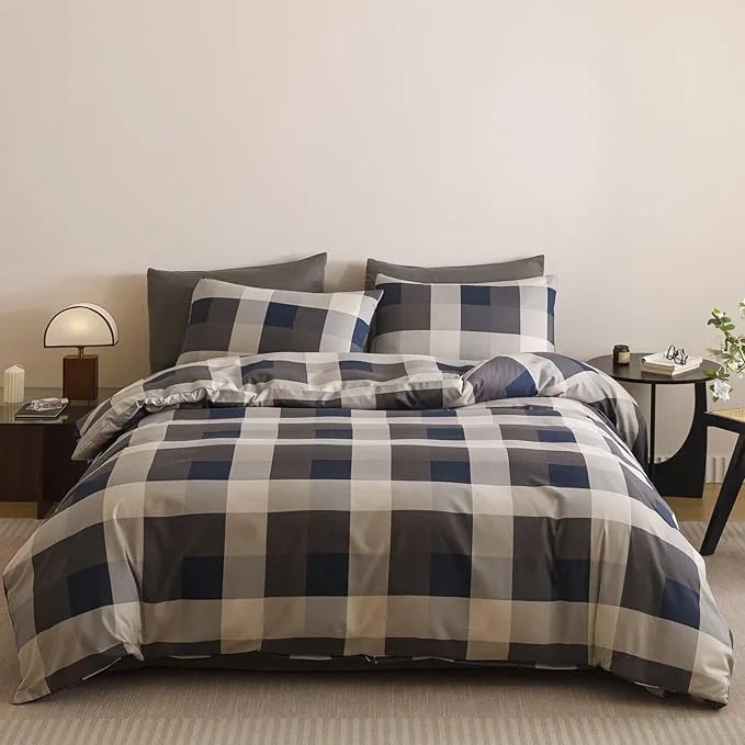 Flexible Cottonight Checkered Navy Comforter Set King Men Gingham Grid Bedding Set Navy and Khaki Grid Comforter Fluffy Soft Blanket Quilts Modern Cottagecore Comforter with 2 Pillowcases for King Bed Next-Generation
