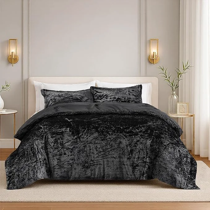 Stylish Comfort Spaces Juliette Luxe Comforter Set Velvet Lush with Soft Brushed Microfiber Reverse All Season Cozy Velvet Bedding Sets Fluffy Comforter Bed Set Matching Sham Black King 3 Piece Premium Material