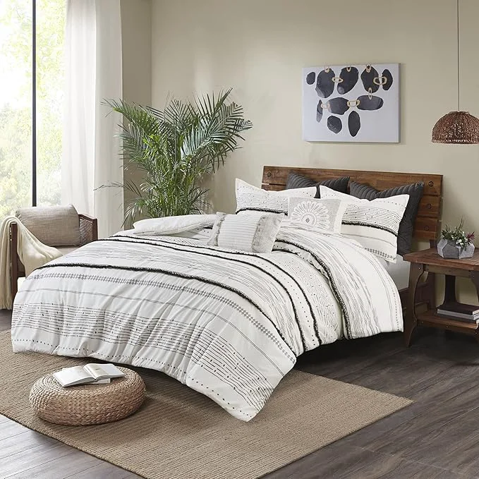 Fast INK IVY Nea Cotton Duvet Set Mid Century Modern Design All Season Comforter Cover Bedding Set Matching Shams King Cal King Stripes Teasel White 3 Piece Environmentally Friendly