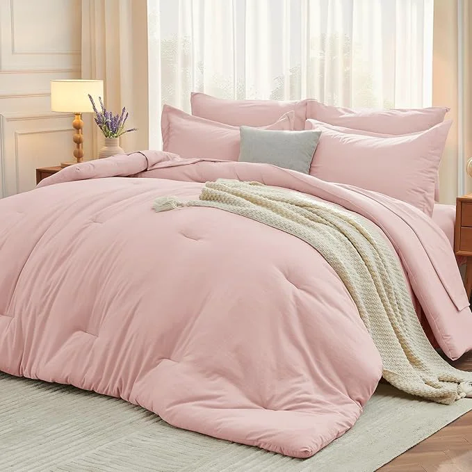 Fine MUXHOMO 7 Pieces Queen Comforter Set Soft Bed in a Bag Queen Size All Season Bedding Set with Comforter Flat Sheet Fitted Sheet Pillowcases amp Shams Pink Casual