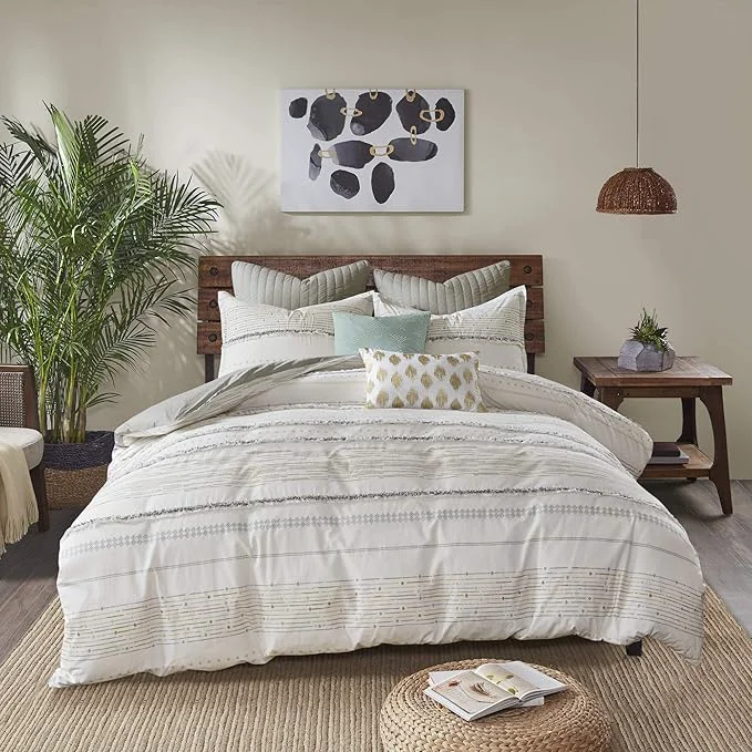 Reusable INK IVY Luxurious Cotton-Bedding Set – Mid Century Trendy Geometric Design All Season Cozy-Cover With Matching-Shams Full Queen Nea Trims Grey Multi Selected