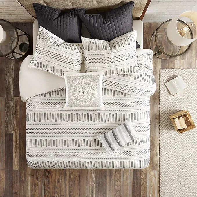 Organic INK IVY Luxurious Cotton-Bedding Set – Mid Century Trendy Geometric Design All Season Cozy-Cover With Matching-Shams King Cal King Rhea Jacquard Ivory Charcoal Innovative