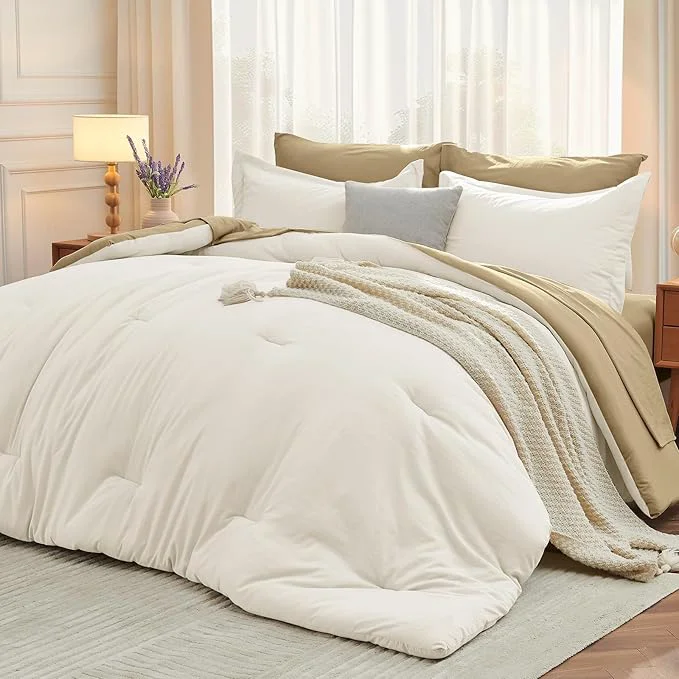 Crafted MUXHOMO 7 Pieces Queen Comforter Set Soft Bed in a Bag Queen Size All Season Bedding Set with Comforter Flat Sheet Fitted Sheet Pillowcases amp Shams Ivory amp Khaki Sophisticated