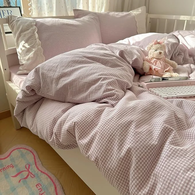 Refined HighBuy Full Comforter Set Purple Gingham Bedding Comforter with Lace Ruffles Farmhouse Grid Plaid Comforter Set for Girls Women Fluffy Grid Checkered Pattern Comforter with 2 Pillowcases Crafted