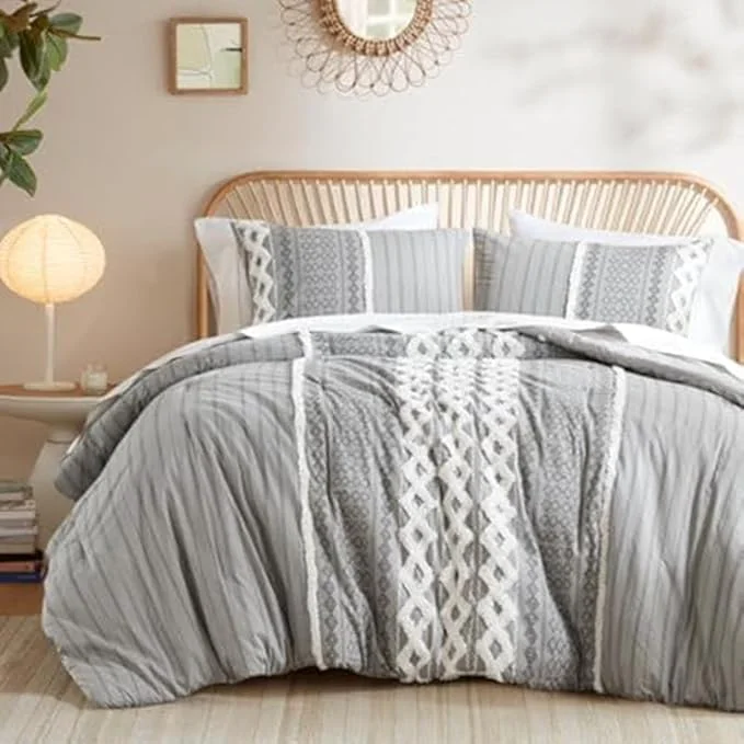 Exclusive INK IVY Comforter for King Size Bed Chenille Tufted Breathable Cotton Comforter Set King All Season Modern Boho Comforter with Farmhouse Bedding Flare 2 Matching Shams King Gray 3 Piece Expertly Made