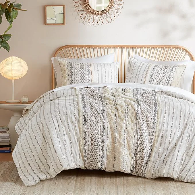 Functional INK IVY Imani Cotton Duvet Mid Century Modern Design All Season Comforter Cover Bedding Set Matching Shams Full Queen Ivory Chenille Tufted Accent 3 Piece