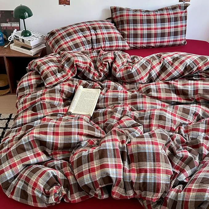 Fashionable HighBuy Queen Comforter Set Modern Style Red Gingham Comforter with Geometric Plaid Pattern 3 Piece Checkered Printed Bedding Comforter with 2 Pillowcases Fluffy Lightweight Gingham Bedding Set Unique