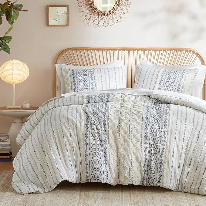 Specialty Ink Ivy Comforter for King Size Bed Chenille Tufted Breathable Cotton Comforter Set King All Season Modern Boho Comforter with Farmhouse Bedding Flare 2 Matching Shams King White Navy 3 Piece Elite