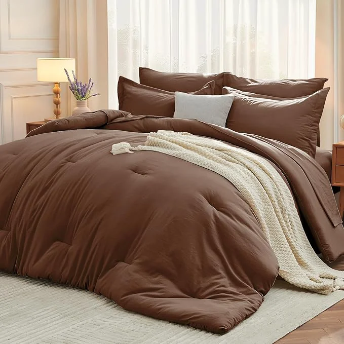 Unique MUXHOMO 7 Pieces Queen Comforter Set Soft Bed in a Bag Queen Size All Season Bedding Set with Comforter Flat Sheet Fitted Sheet Pillowcases amp Shams Brown Fast