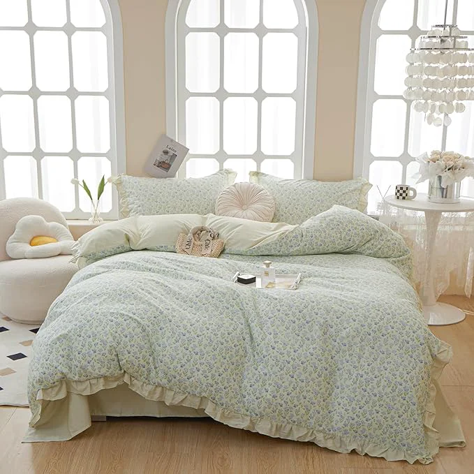 User-Friendly HighBuy Blue Floral Comforter Set Twin XL with Lace Edge Reversible Stripes Ruffled Comforter with 2 Lace Pillowcases Fluffy Coquette Cottagecore Botanical Bedding Comforter for Teen Girls Outstanding
