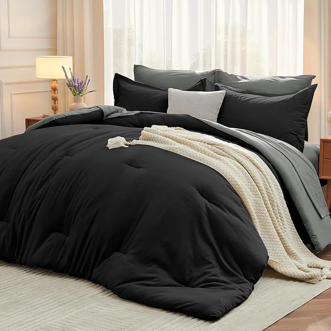 Premium Material MUXHOMO 7 Pieces Full Comforter Set Soft Bed in a Bag Full Size All Season Bedding Set with Comforter Flat Sheet Fitted Sheet Pillowcases amp Shams Black amp Grey Specialty