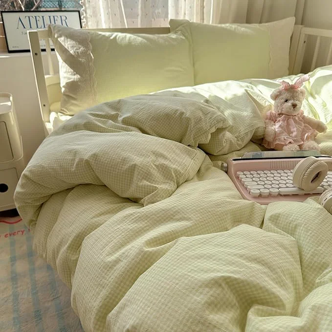 Premium Material HighBuy Sage Green Gingham Comforter Set Queen Modern Lace Ruffle Plaid Grid Comforter Set 3 Pieces Checkered Pattern Bedding Comforter with 2 Pillowcases All Seasons Gingham Comforter Set Healthy