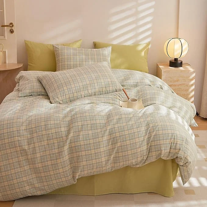 Effective HighBuy Full Comforter Set Green Gingham Comforter Geometric Checkered Pattern Comforter Set Boho Grid Plaid Bedding Comforter Fluffy Soft Farmhouse Grid Bedding Set Full Size Easy-to-Use