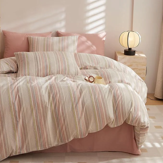 Dependable HighBuy Full Size Comforter Set 3 Piece Striped Bedding Set White Pink Stripes Comforter Teen Girls Lightweight Down Comforters for All Season 1 Stripe Comforter with 2 Pillowcases Outstanding