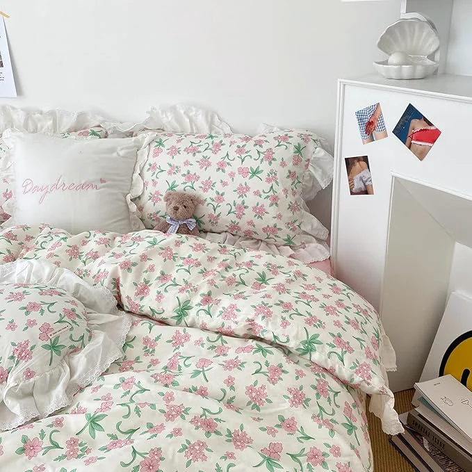 Stylish HighBuy Lace Ruffled Comforter Set Full Coquette Cottagecore White Pink Floral Bedding Comforter Cozy Soft with 2 Ruffle Pillowcases Princess Quilted Comforters Fluffy Chic Skin Friendly High-End
