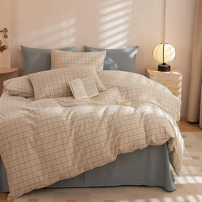 Flexible HighBuy Vintage Gingham Comforter King Size Yellow Blue Grid Bedding Comforter Set King with Sham Set 3 Piece Hotel Luxury Soft Checkered Comforter Set for King Bed Cozy Fluffy Bedding Sets High-End