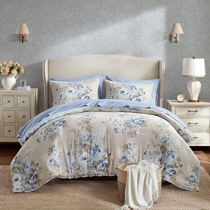 Durable Madison Park Essentials Floral Comforter Set Queen Size Vintage Flower Bedding Set with Sheet Set 7 Pieces Bed in a Bag with Reversible Botanical Comforter Pillowcases amp Shams Heather Beige Blue Sophisticated